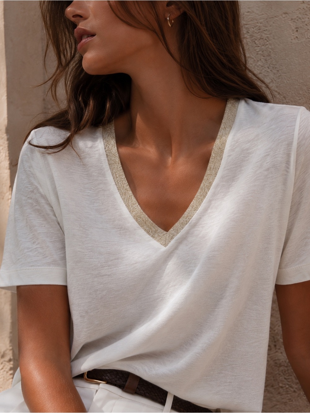 Jaspal White Hemp Cotton V-Neck T-Shirt Gold Shimmer Trim Size S